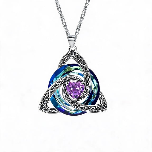 Birthstone Witch Knot Necklace, June Light Purple Crystal Heart Triquetra Pendant Silver Plated Celtic Knot Jewelry for Women Birthday Gifts Everyday Wear