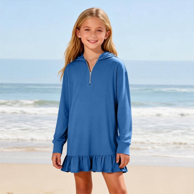 NTACZA Robes Mignonnes Fille Robe Sweat à Capuche Manches Longues Ourlet à Volants Fermeture à Glissière 1/4 Robe Mini 13 Ans