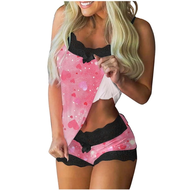 Encaje pijama conjunto de la mujer día impresión camisola sin mangas, pantalones cortos pijama conjunto con pantalones cortos parches para el dormitorio
