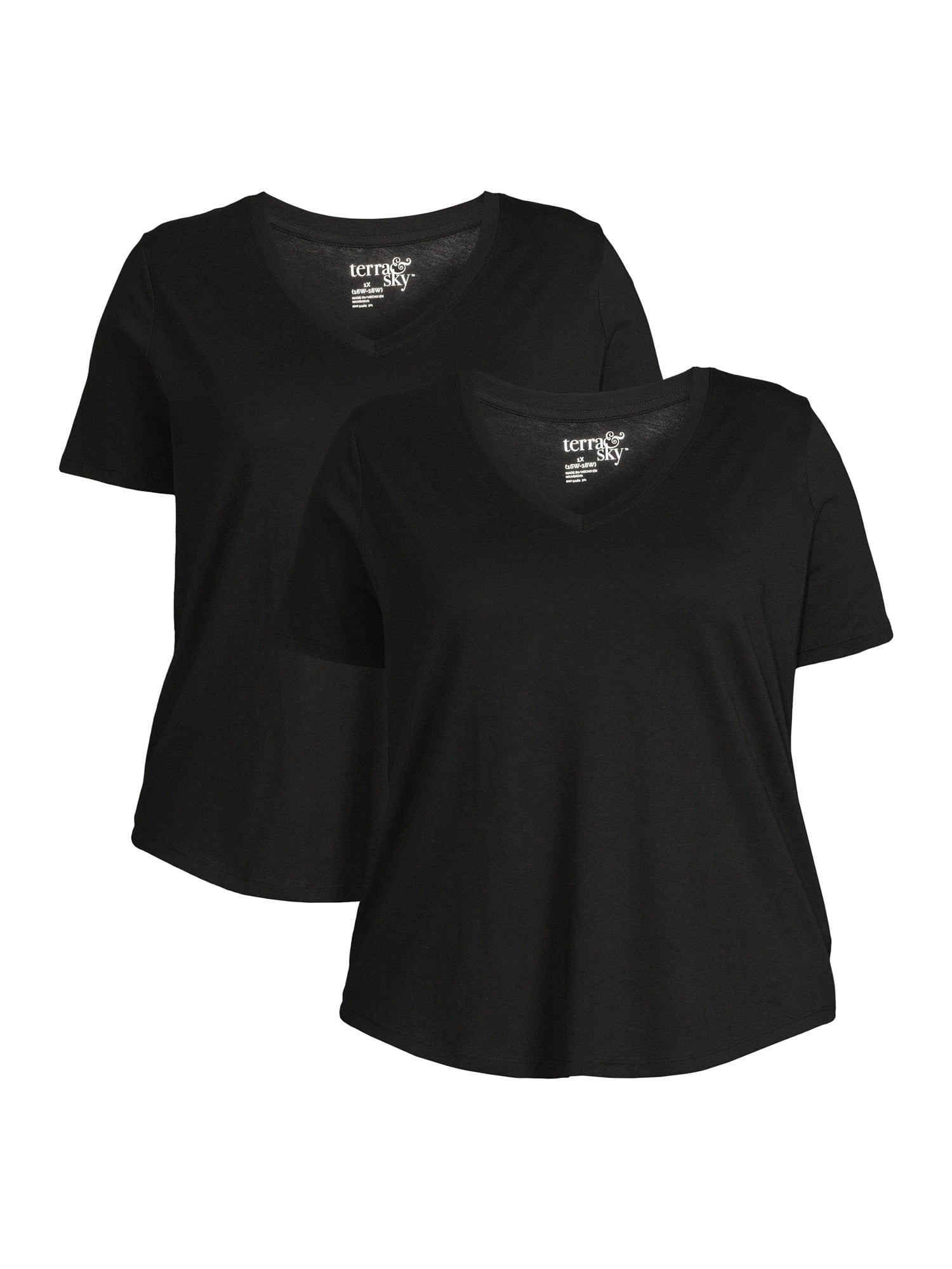 Terra & Sky Women's Plus Size V-Neck T-Shirt with Short Sleeves, 2-Pack