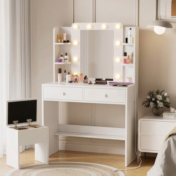 Haewon Vanity Desk with Mirror and LED Lights, Makeup Vanity with Power Outlet, Charging Station, 2 Large Drawers, 6 Storage Shelves and Cushioned Storage Stool for Bedroom, White