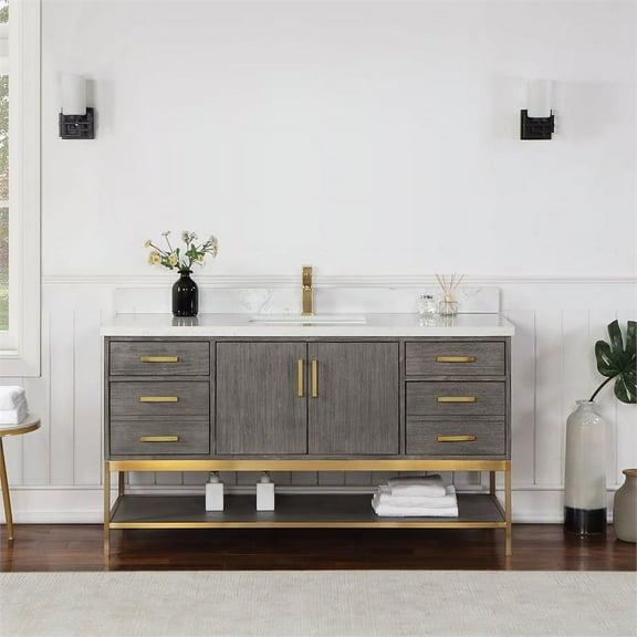 Wildy 60" Single Bathroom Vanity Set in Classical Grey with Grain White Composite Stone Countertop without Mirror