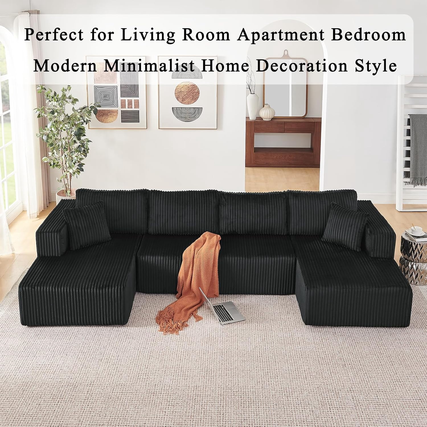 Howcool 132" Boneless Cloud Sectional Couches for Living Room, U Shaped Couch with Deep Seat Chaise, High Density Foam Compression Sofa, Modular Corduroy Sleeper Sofa Bed,No Assembly,Black