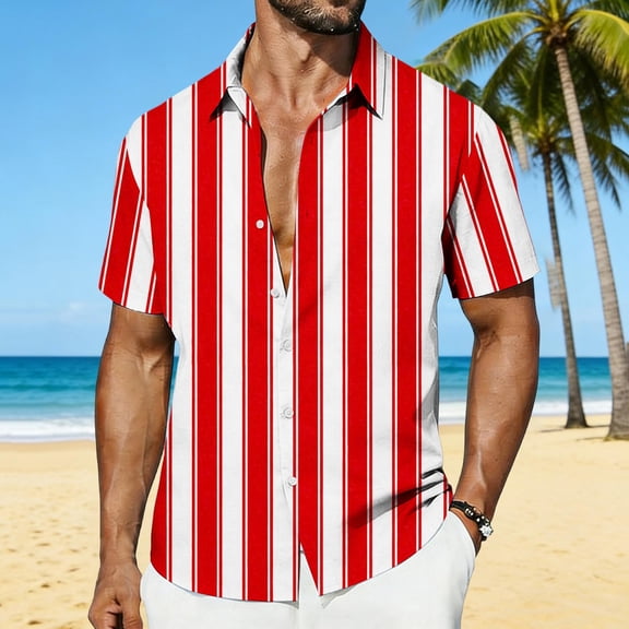 CQONEPT Striped Button Down Shirts for Mens Casual Short Sleeve Shirt Summer Beach Vacation Tops for Mens Red L