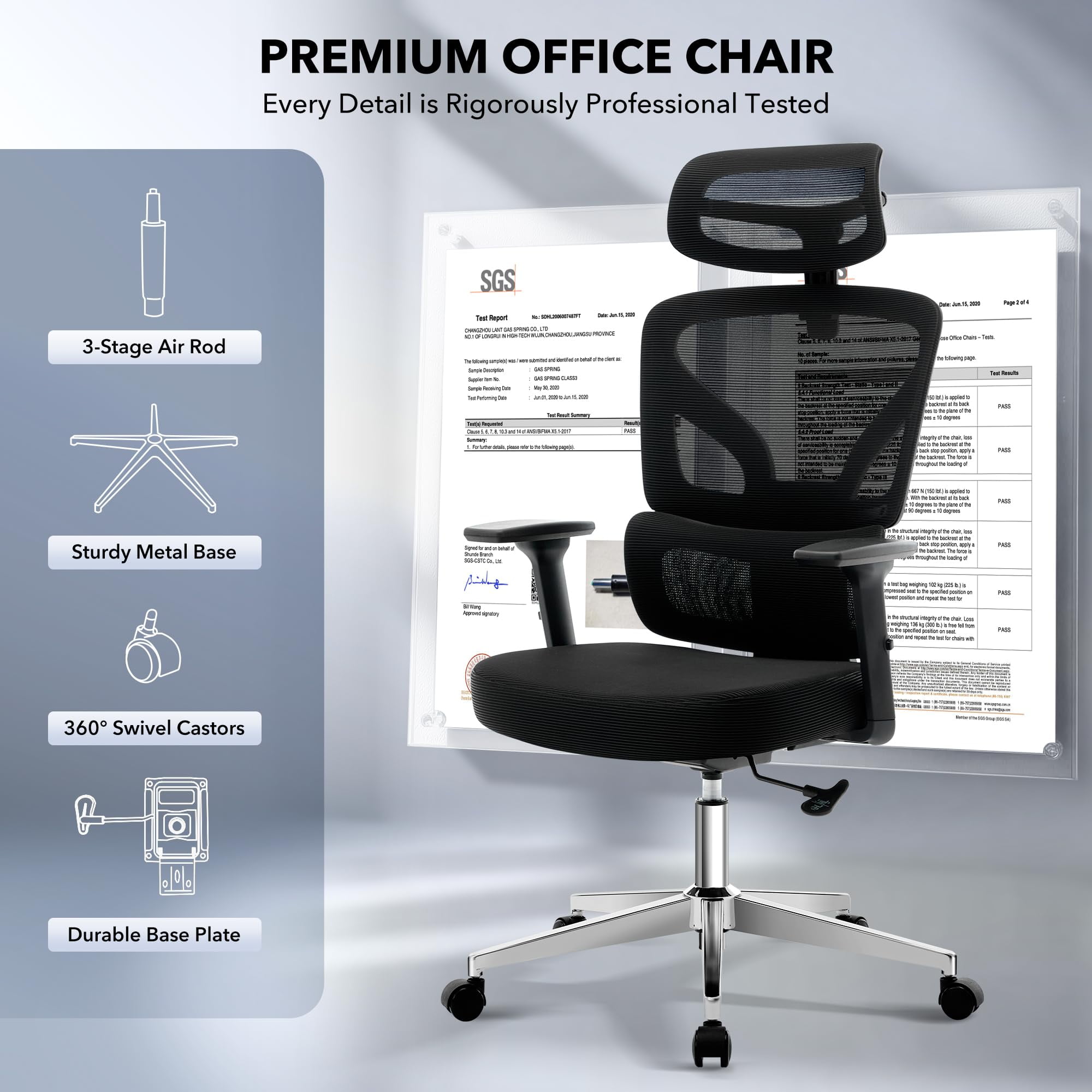 Ergonomic High-Back Mesh Office Chair – Adjustable Lumbar, 3D Armrests, Headrest & Recline – Breathable Rolling Swivel Desk Chair, Supports 300 lbs – Black Frame & Black, Electroplated Base