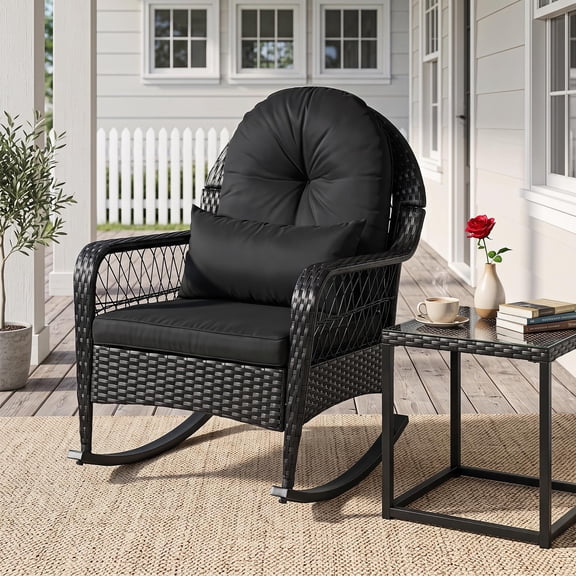 Costway 1 PCS Outdoor Wicker Rocking Chair, 400 LBS Patio Rattan Rocker Chair with Thick Cushions