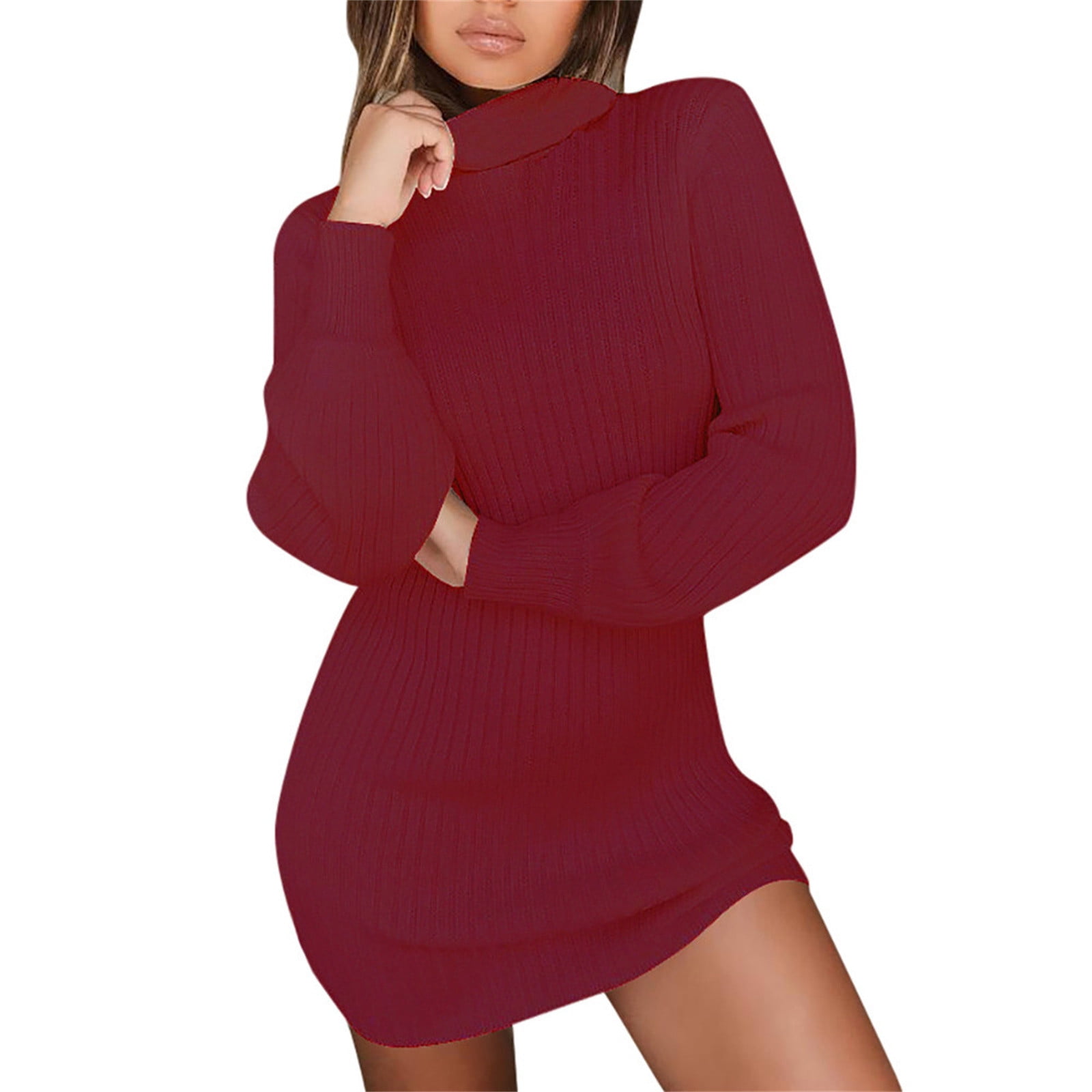 Sweater Dress for Women Turtleneck Long Sleeve Ribbed Knit Dress Casual