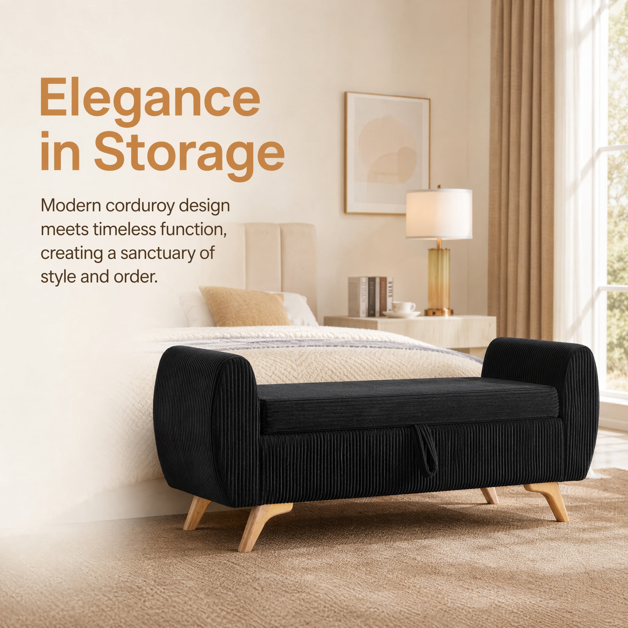 Storage Bed Bench 57 Inch, Corduroy Upholstered Bench with Flip Top Storage for Bedroom Hallway, Black