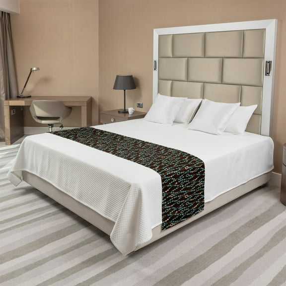 Retro Bed Runner, Nostalgic Geometry Inspired Pattern with Repetitive Circles, Decorative Accent Bedding Scarf for Hotels Homes and Guestrooms, Queen, Seal Brown Pale Teal, by Ambesonne