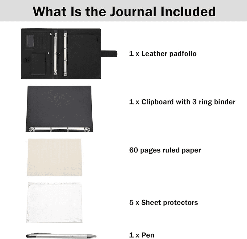 Wonderpool A4 PU Leather Ring Holder Writing Portfolio Multi Document Case with Removable Binder Clipboard and Functional Pocket for Organizer Office Travel School (Black)