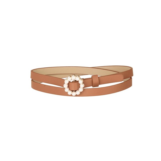 Cinturones de cintura para mujeres de talla grande INSPIRE CHIC, cinturón de cuero ajustable estrecho con perlas para jeans, vestidos y pantalones, 105 cm/41.33" color camello