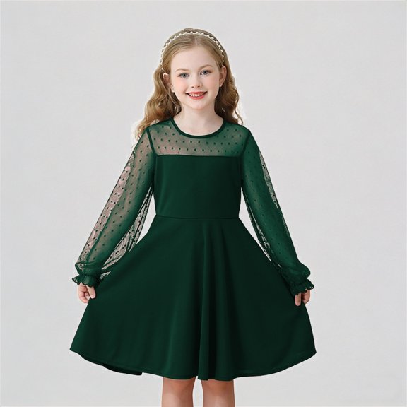 REDARER Girls Dot Mesh Long Sleeve A-Line Dress Casual Party Everyday Outfit,8-9 Years