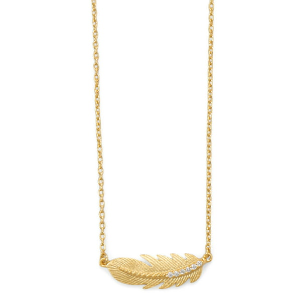 Sideways Feather Necklace Gold-plated Sterling Silver Cubic Zirconia  Adjustable