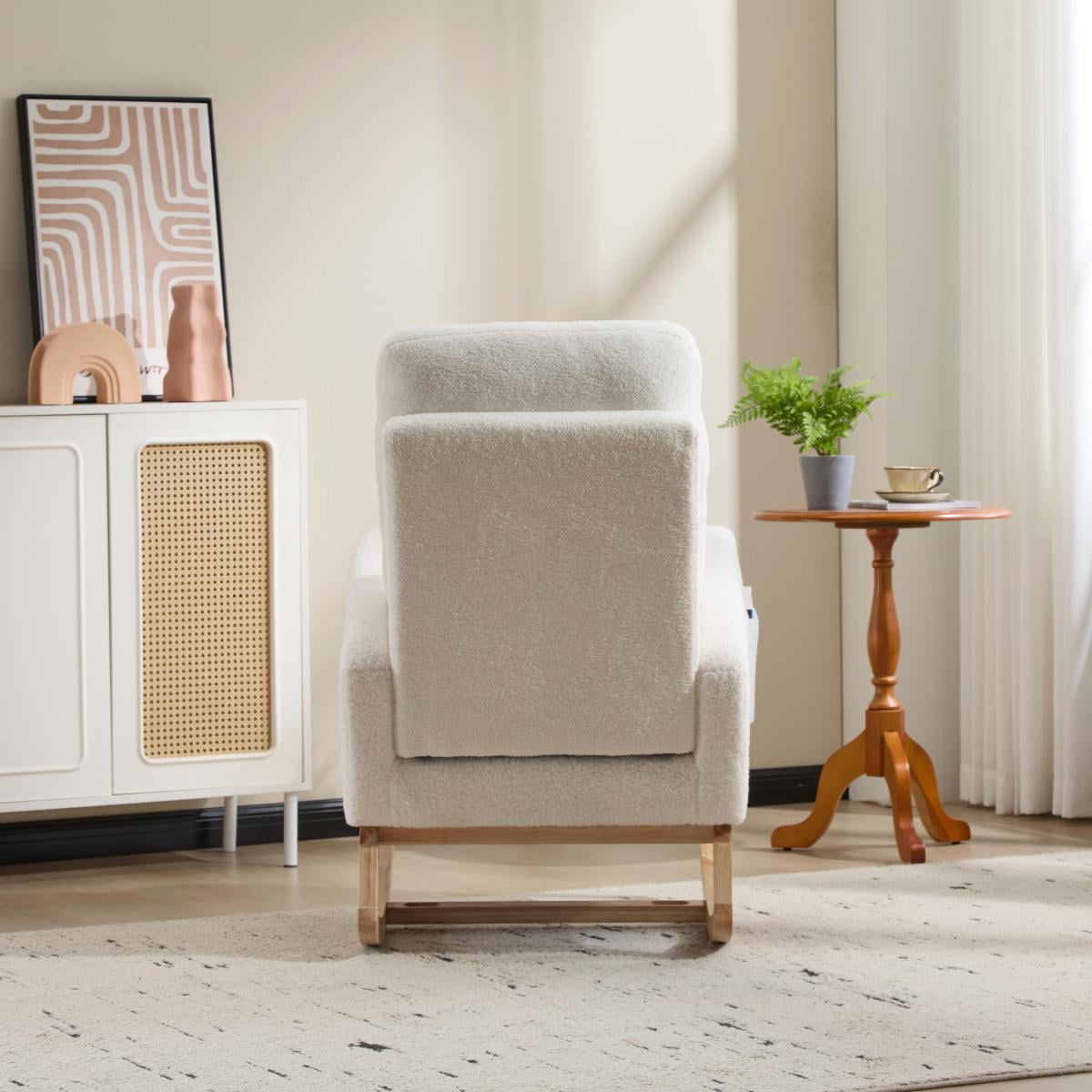 Modern Rocking Chair with High Backrest, Side Pocket, Upholstered Nursery Glider for Living Room, White