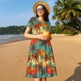 thumbnail image 4 of Picia Colorful Hawaii Palms Pattern Women's Short Sleeve Summer Dress Pleated Loose Swing Knee Length Short Sleeve Swing Dresses, 4 of 6