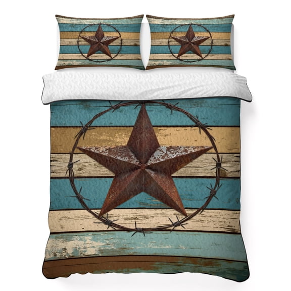 King Quilt Bedding Set, Farmhouse Vintage Country Star 3 Piece Bedding Set Lightweight Breathable Quilt with 2 Pillow Shams, Blue Brown Wood Board Soft Microfiber Summer Comforter for Hot Sleepers