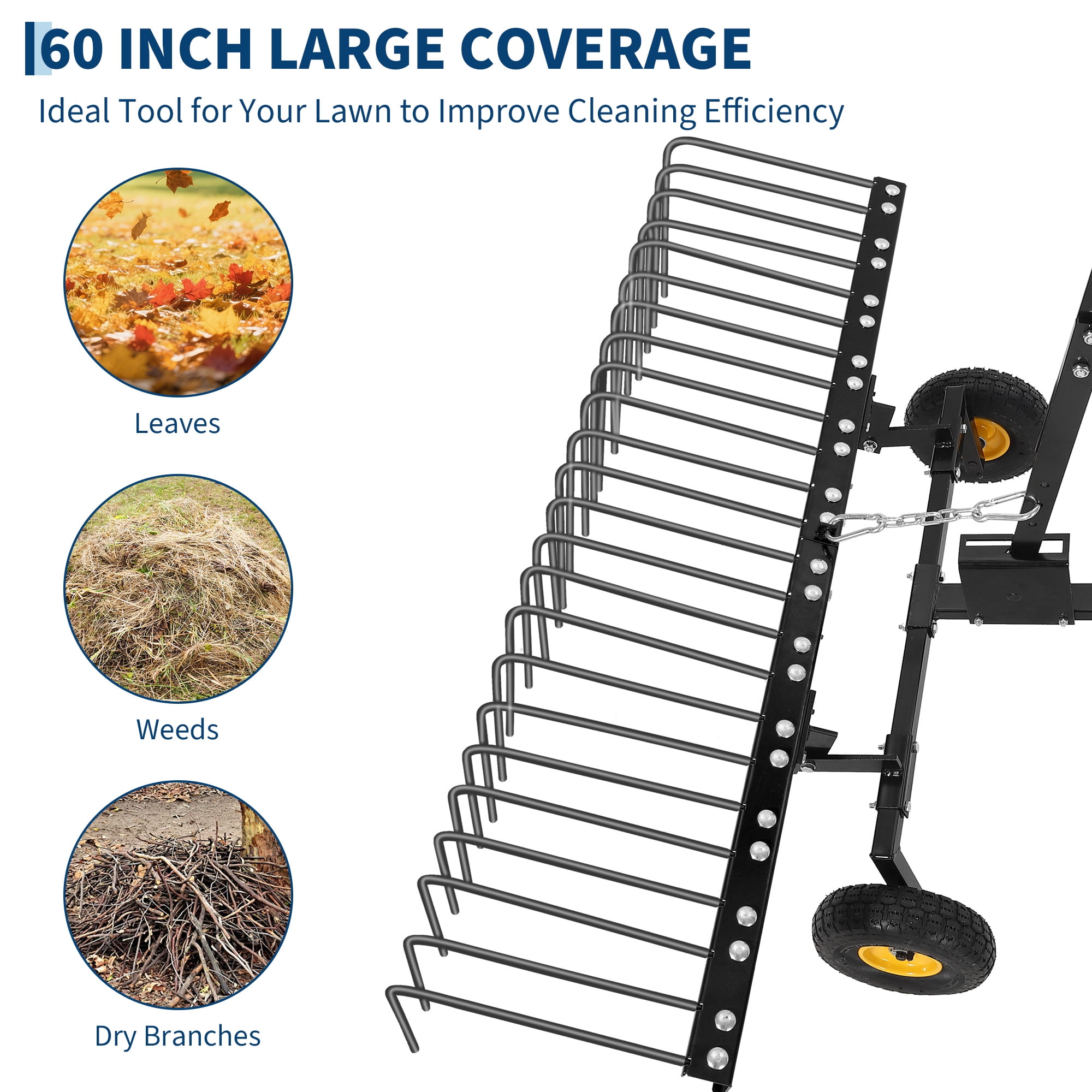 60-Inch Tow Behind Lawn Dethatcher,24 Durable Spring Steel Tines Lawn dethatcher, Designed to pull behind Lawn and Garden Tractors, Lift Handle for Leaves, Pine Needles, and Grass, Black