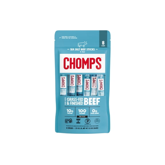 Chomps Grass-Fed and Finished Sea Salt Beef Meat Sticks, 10g of Protein, Certified Gluten Free and Free From the Top 9 Allergens (8 Ct)
