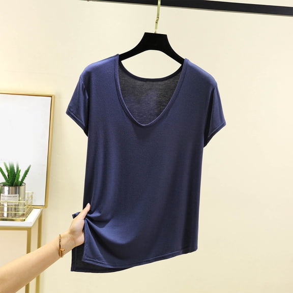 Womens Tops Summer Short Sleeve V Neck Business Elegant Tunic Blouses Dressy Casual Shirt Loose Fit Work T-Shirts 2025 Blue M
