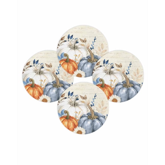 Fall Round Placemats Set of 4 Blue White Pumpkin Place Mats Thanksgiving Woven Placemat Autumn Eucalyptus Leaves Floral Circle Braided Table Mat for Kitchen Dining Table Party Home Decor 15 Inch