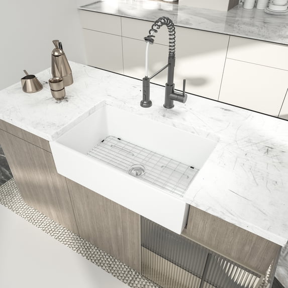 Logmey 30inch Rectangular Ceramic Kitchen Sink White Porcelain Sink with Strainer