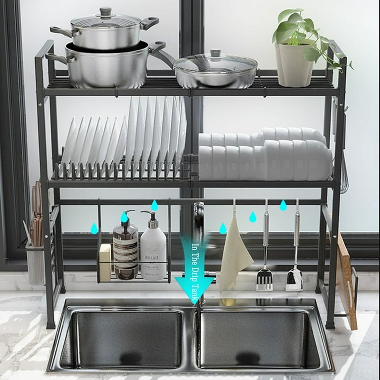 Adjustable 2-Tier Over The Sink Dish Drying Rack Kitchen Draining Shelve