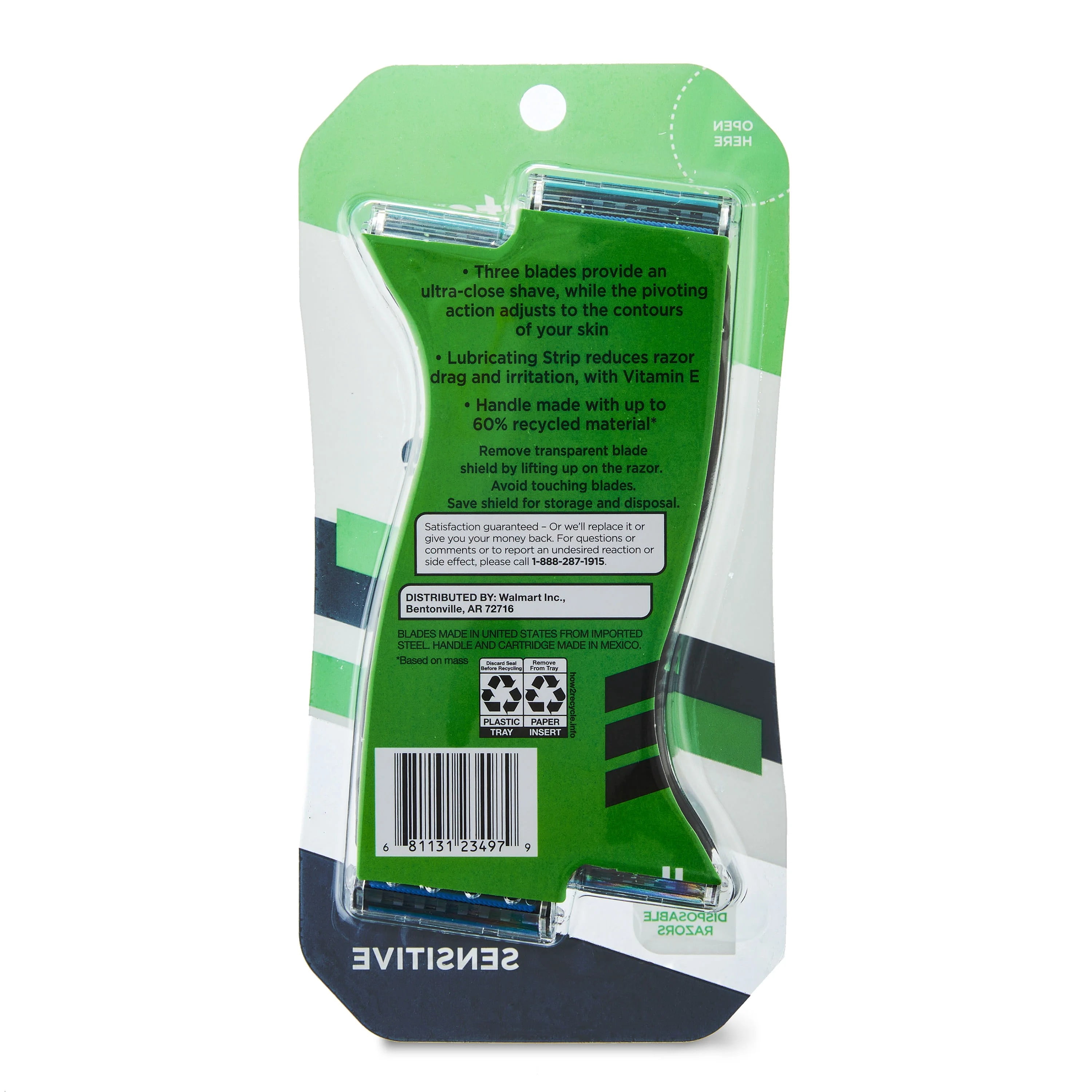 Equate Men's 3-Blade Sensitive Disposable Razors, Green and Black, 4 Count