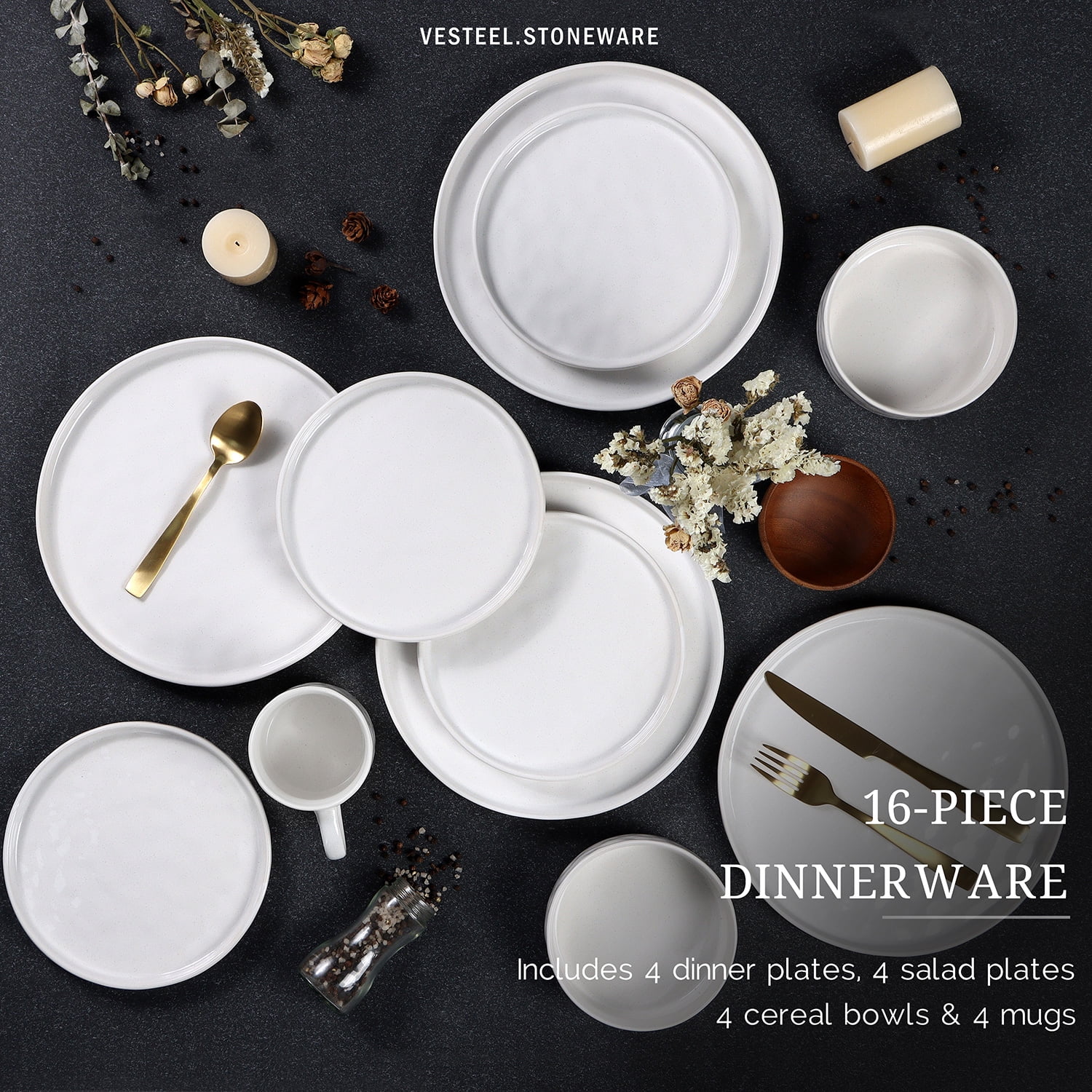 Vesteel Dinnerware Sets, 16-Piece Stoneware Plates and Bowls Set, Dishes Set for 4, Elegant Ceramic Dinnerware for Home Restaurant - Speckled White