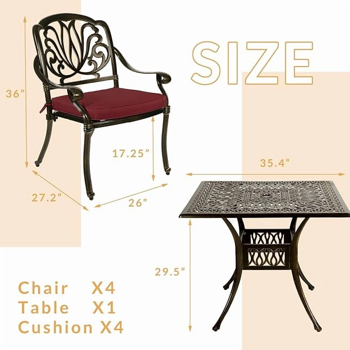 W WARMHOL 5-Piece Outdoor Patio Dining Set, All-Weather Cast Aluminum Patio Furniture Set for Backyard Garden Deck with 4 Chairs, 4 Cushions and 35.4” Square Table, 2.2" Umbrella Hole, Red