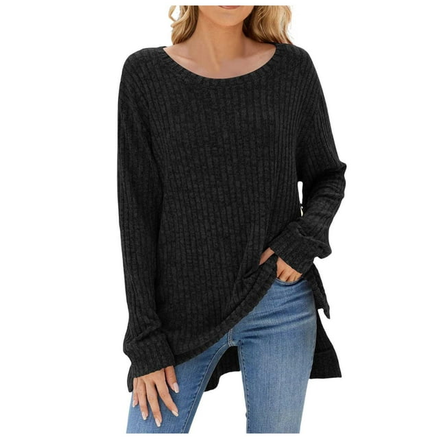 TJAZFJPA Chandail Épais Femme Beige T-Shirt à Col Rond pour Femme à Manches Longues avec Fente en Fourrure Haut Chandails Douillets pour Femme Automne Chandails pour Femme Automne Brun