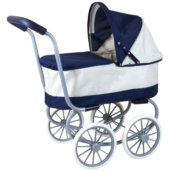 Lissi: Classic Baby Doll Pram - Navy & White - Push Stroller, Adjustable Canopy, Removable Carry Cot & Apron, Doll Accessory Roleplay Toy, Kids 3 