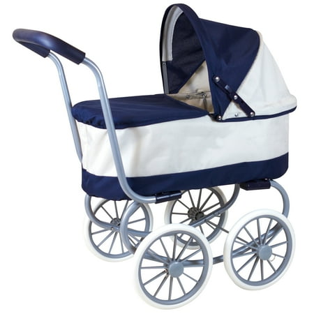 Lissi: Classic Baby Doll Pram - Navy & White - Push Stroller, Adjustable Canopy, Removable Carry Cot & Apron, Doll Accessory Roleplay Toy, Kids 3+