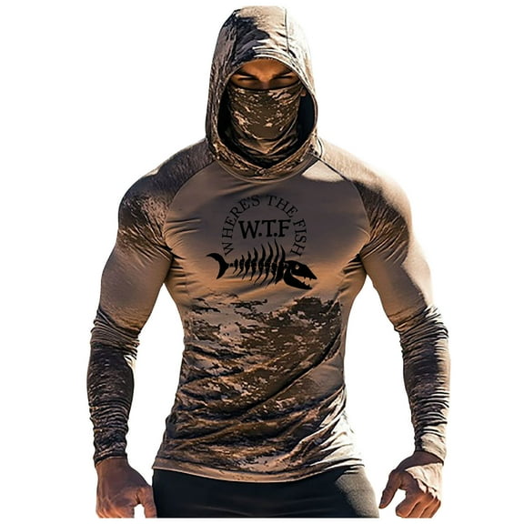 Xzbqbs Men's Fishing Hooded Shirts UPF 50   Sun Protection Breathable Tops Long Sleeve Outdoor Hiking Printed Shirt with Face Mask