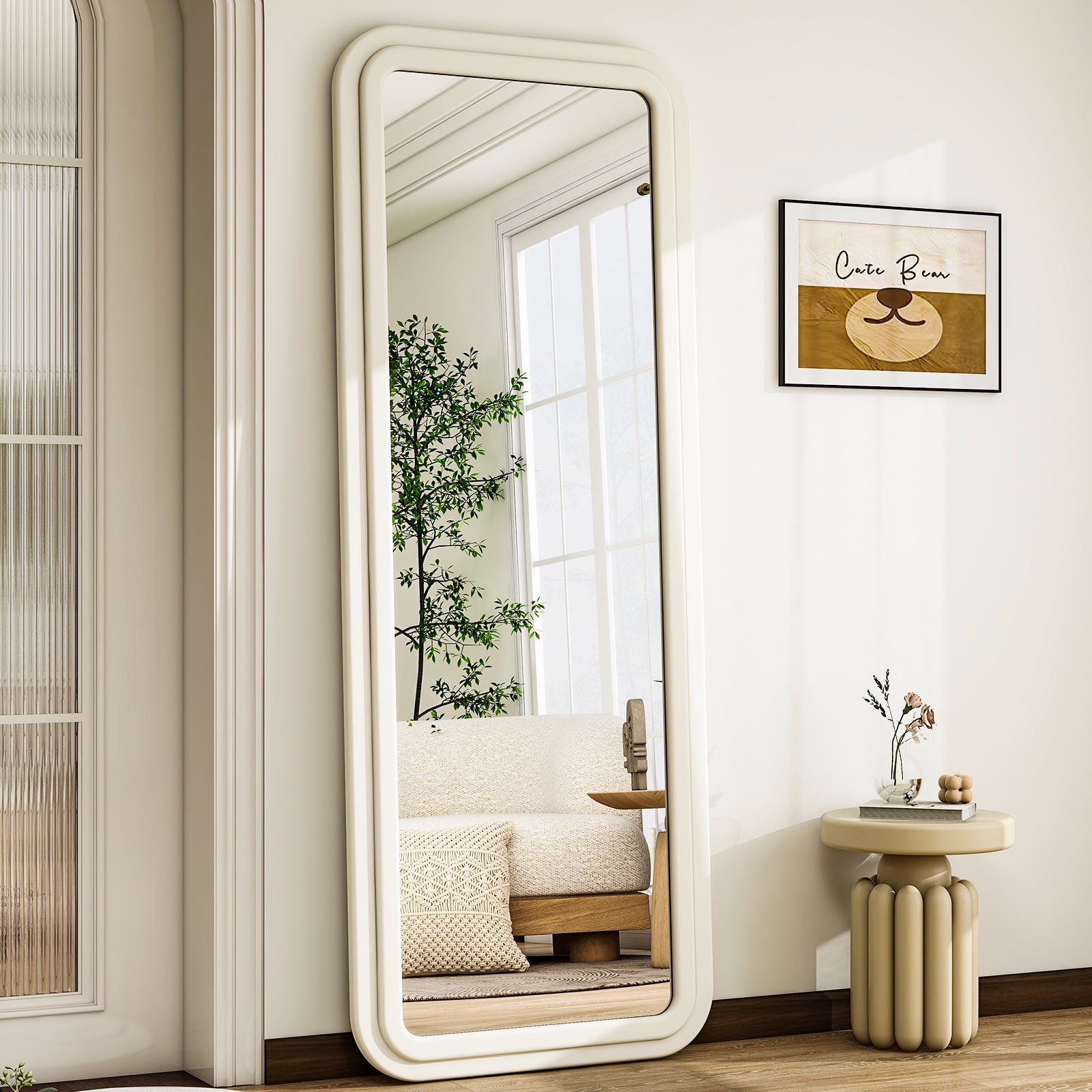 Easy4Home 63"x24" Rectangular Full Length Mirror with Flannel Frame Decorative Round Edge Floor Mirror, White