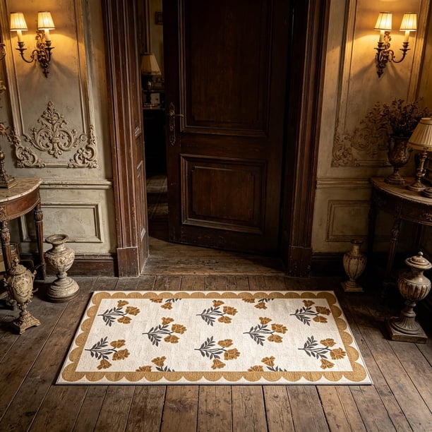 Rourlinge Elegant Floral Entryway Doormat with Scalloped Border