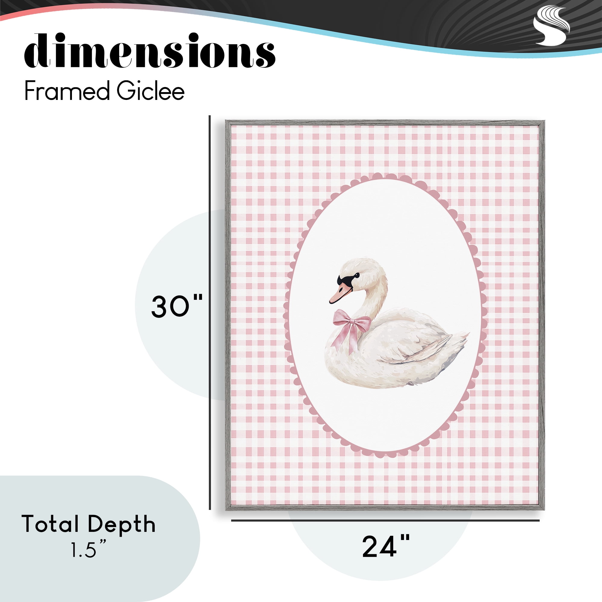 Gentle Swan on Pink Checkered Gray Framed Giclee Art, design by Christine Simpson Art