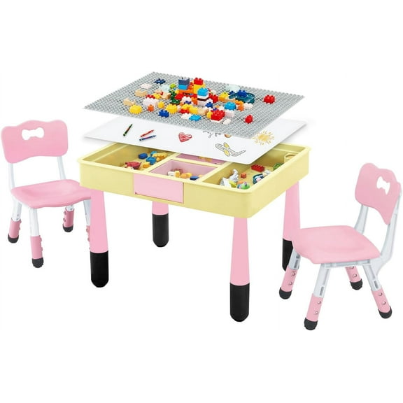 4 in 1 Kids Table and Chairs Set, Toddler Table and Chair Set for Kids Ages 3-10, 29.5" L x 23.6" W Activity Table w/Storage, Graffiti & Building Blocks Double-Sided Tabletop, Lovely Pink