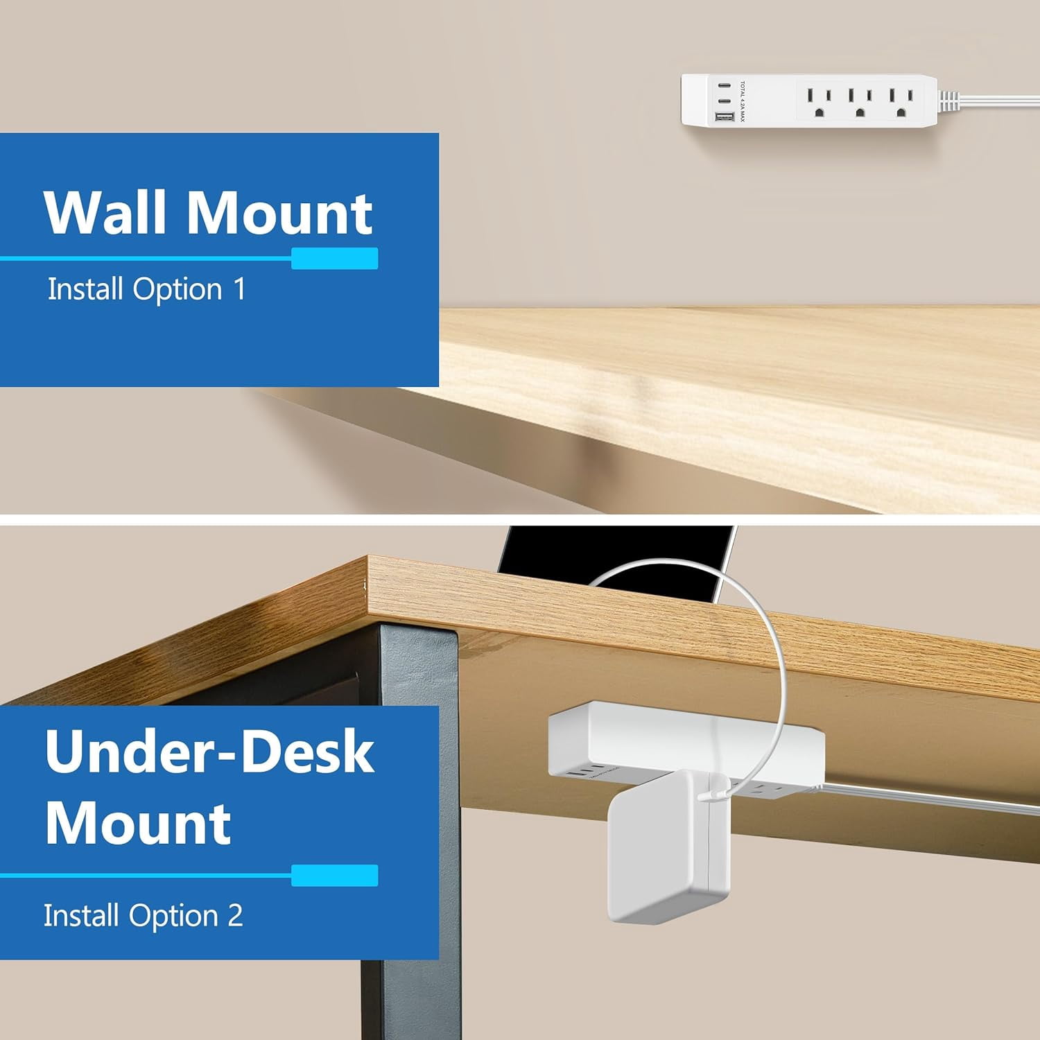 JJEAN-Outlet Extender with 3 Receptacles, USB Type-A and 2 USB Type-C Port, Ultra-Thin Flat-Plug with Cord Extender, 3-Outlet Power Strip, Slim Angled Design, UL-Listed, 5ft Cord, White