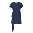 thumbnail image 4 of Babysbule Women's Summer Dresses Women's Summer Solid Color And V-neck Belt Short Sleeve Dress Mini Dress Party Dress, 4 of 8