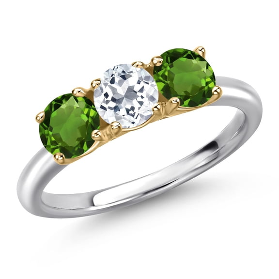 Gem Stone King 925 Silver and 10K Yellow Gold White Topaz and Green Chrome Diopside Engagement Ring for Women | 1.60 Cttw | Round 5MM | Gemstone November Birthstone | Size 7