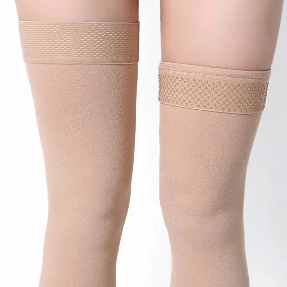 1 Paire Bas Cuisse 20-32 MmHg Bas de Compression Sans Orteils Bas de Compression pour Femmes et Hommes Circulation avec Bande à Pois en Silicone (Beige - 1 Paire,TG)