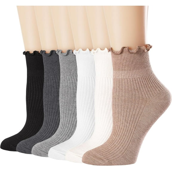 Womens Socks, Size 9-11, Ruffle Turn-Cuff Casual Ankle Breathable Cool Knit Cotton Lettuce Crew Frilly Sock 6 Pack