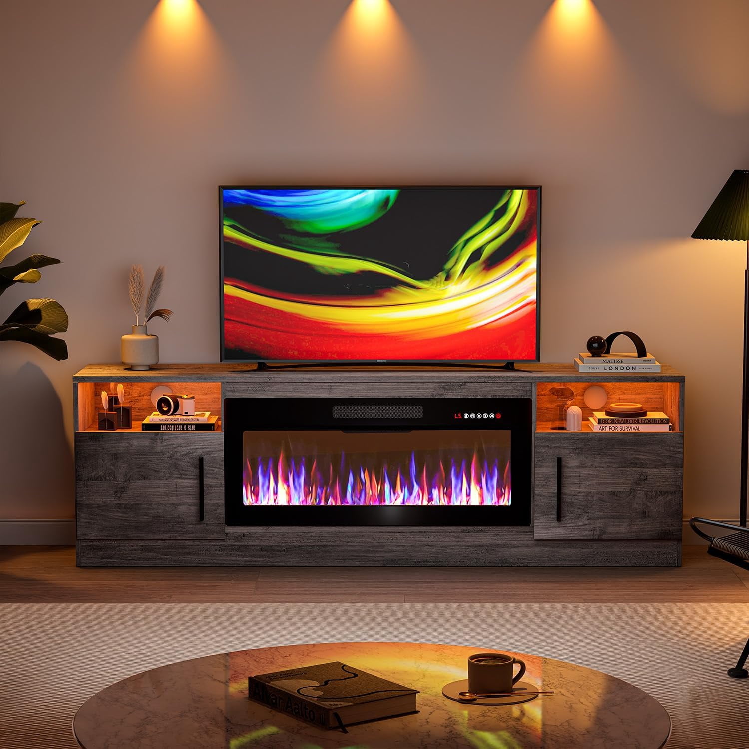 TV Stand with 36" inch Electric Fireplace Up to 80" TVs, LED Light Entertainment Center, 70" Modern Wood High Gloss Fireplace with Highlight Storage Cabinet for Living Room (Grey)