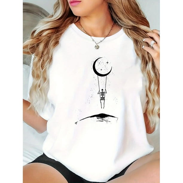 Camiseta de mujer verano Patrón de Corazón cuello redondoMoon Graphic Print T-shirt, Casual Round Neck Short Sleeve Top, Women's ClothingFather's Day, Mother's Day, New Year, Spring Festival, Valent
