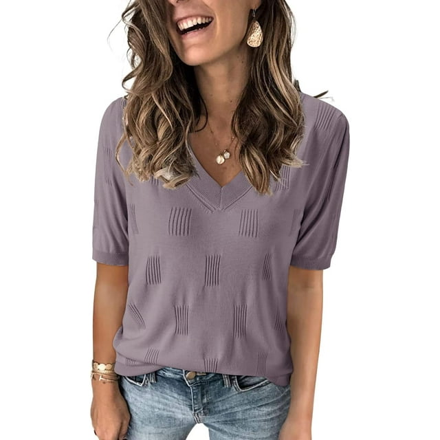 Arach&Cloz Women's V-Neck Short Sleeve Special Rib Knitted Pattern Casual Tops Sweater Spring Summer 2025