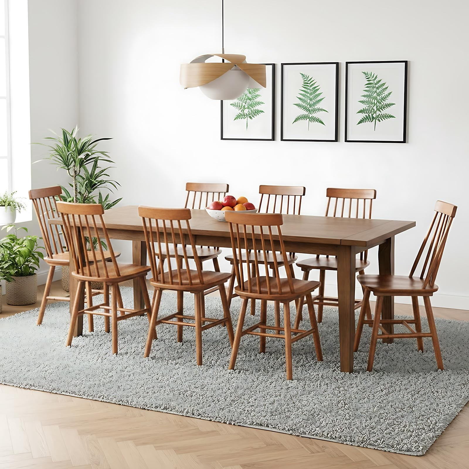Walnut Farmhouse Dining Chairs Set of 8, Mid Century Modern Spindle Back Wooden Dining Room Chairs for Kitchen & Living Room