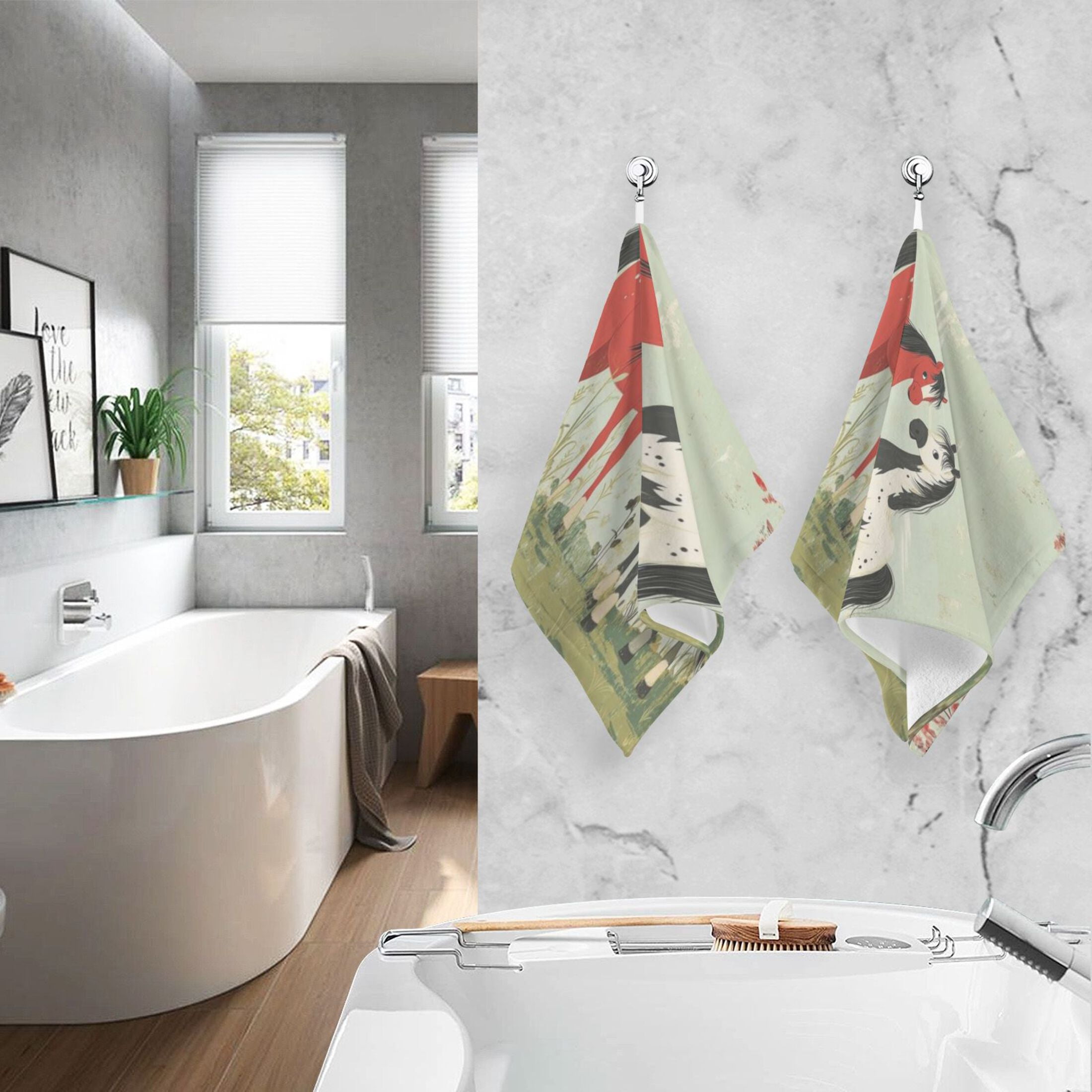Cotton Towel Two-Piece 16x28 Inch One Sizex2 Face Towel Set Towel Set Cotton Hand Bath Towel Bathroom Beach Black Tailed Horse