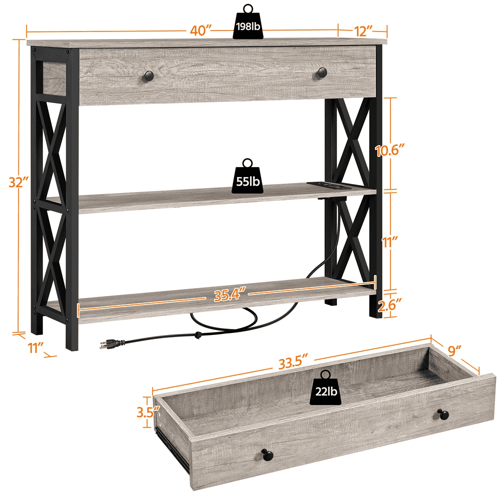 Alden Design Vintage Wooden Console Table with Power Outlet & 1 Drawer for Entryway, Gray