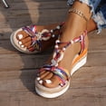 thumbnail image 3 of Wedge Sandals for Women Color Block Strappy Beaded Platform Espadrilles Elastic Ankle Strap Summer Comfy Walking Shoes Beige Size 7, 3 of 8