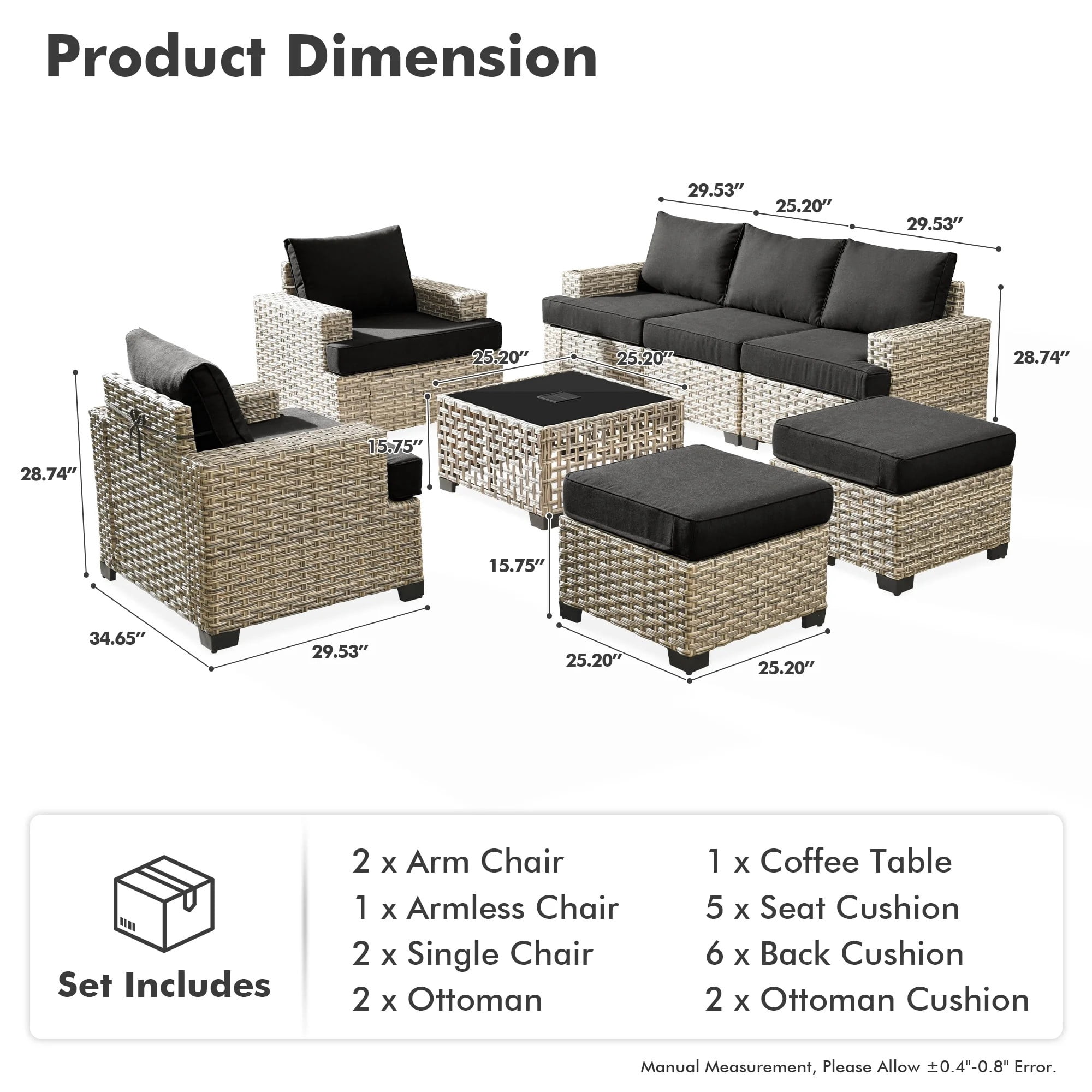 Vcatnet 8 Pieces Outdoor Patio Furniture Sectional Sofa PE Rattan Wicker Conversation Set with Solar Powered Coffee Table for Porch, Backyard, Black
